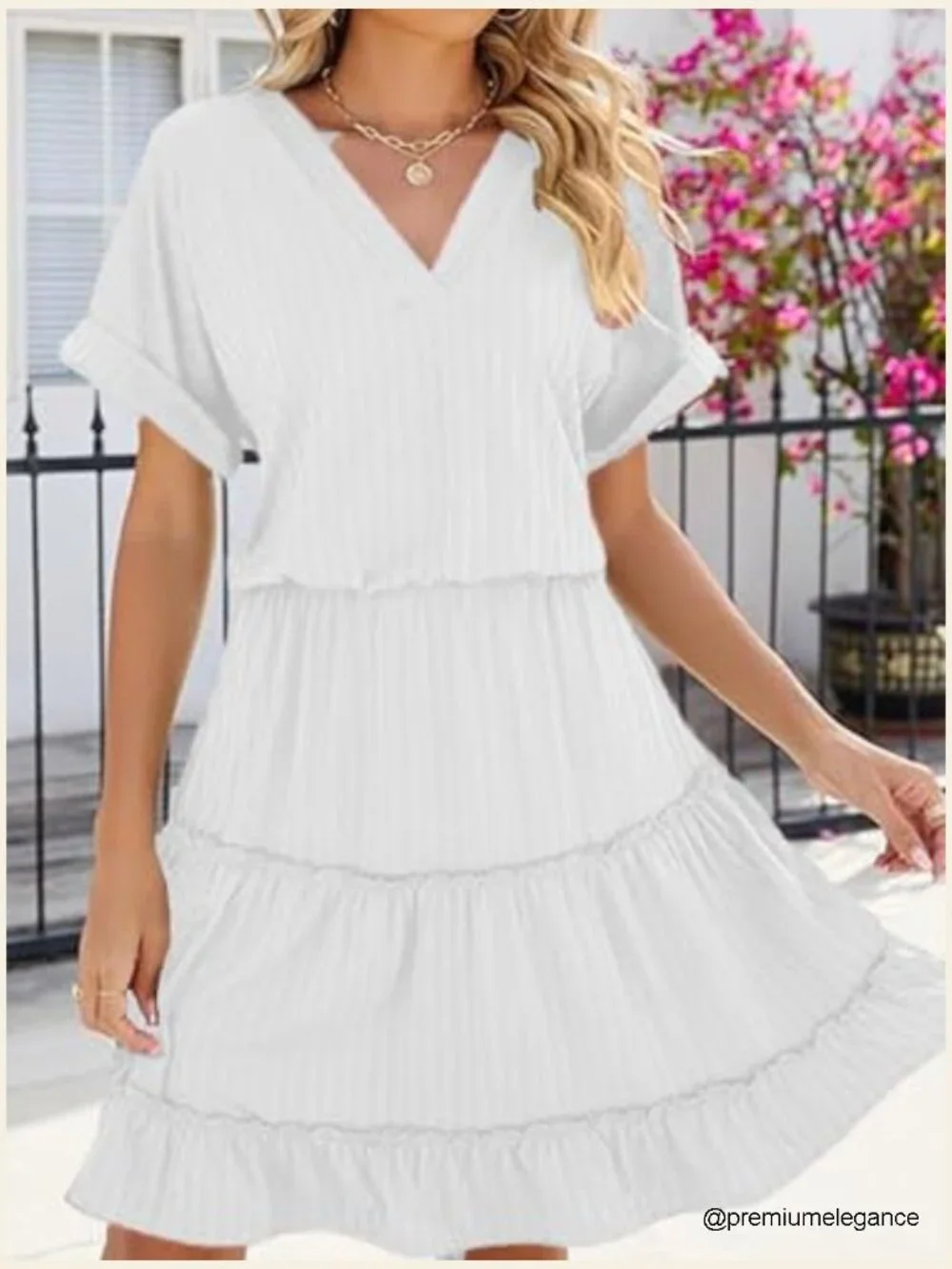 V-Neck Tiered Ruffle Hem Midi Dress with Pockets - Polyester Spandex - Picture 2 of 5